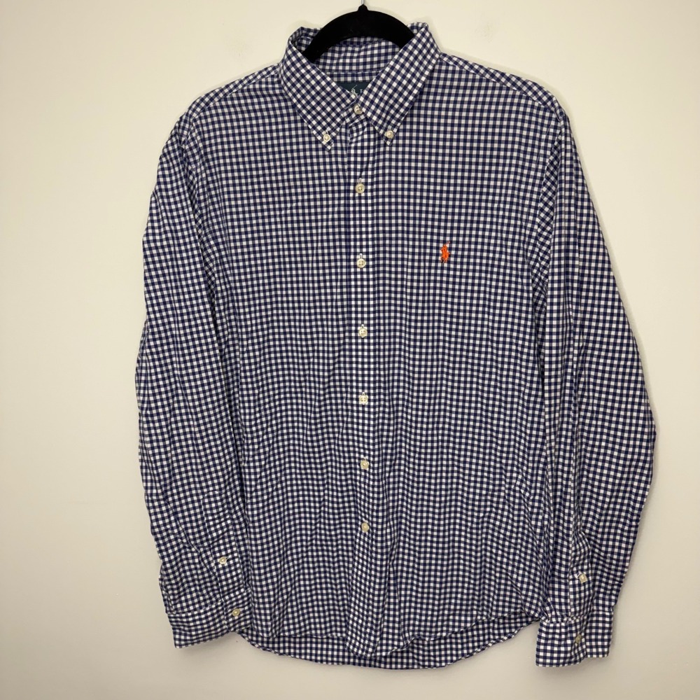 Ralph Lauren Gingham Blue White Button Down Shirt Orange Pony Logo Men Large - Picture 2 of 6